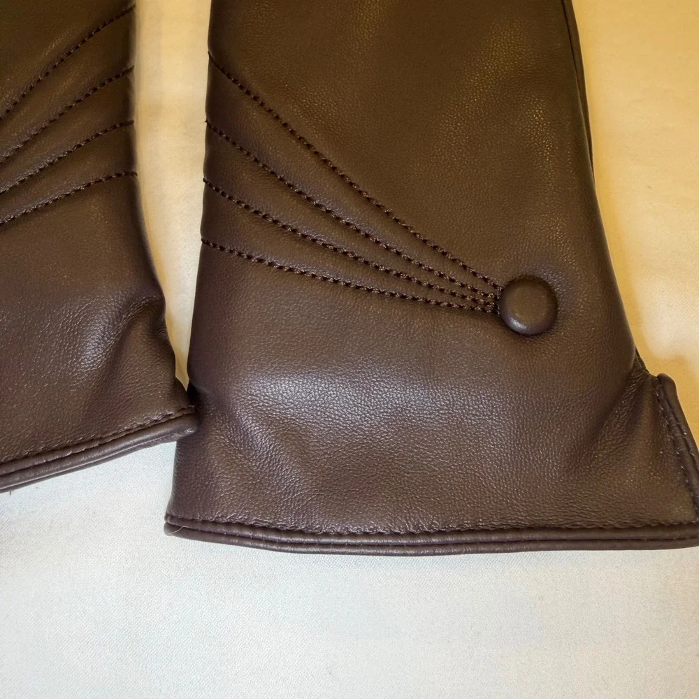 ISHI Coffee Brown Leather Gloves Women Small Button Detail Knit‎ Lined Winter